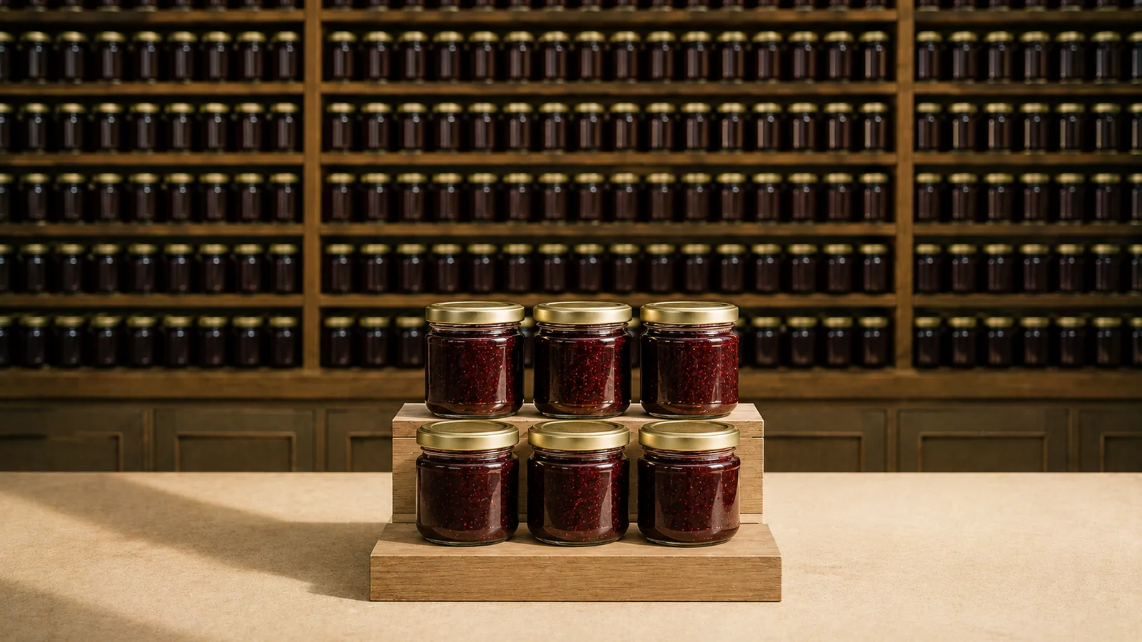 A wall of many jam jars behind a small display of six.