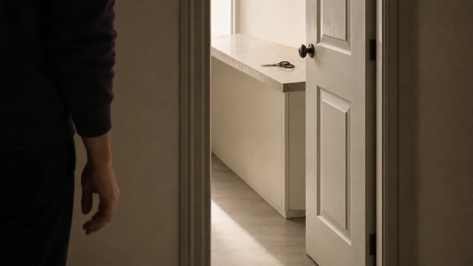 An open doorway with scissors visible on a counter in the room beyond.