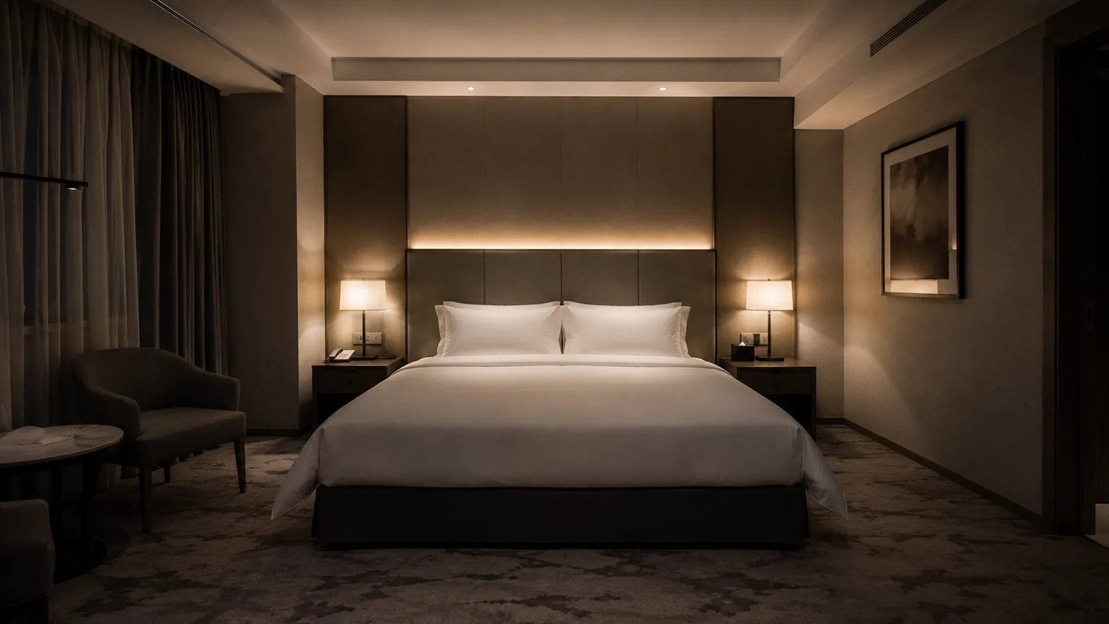 A neatly made hotel bed with one bedside lamp lit.