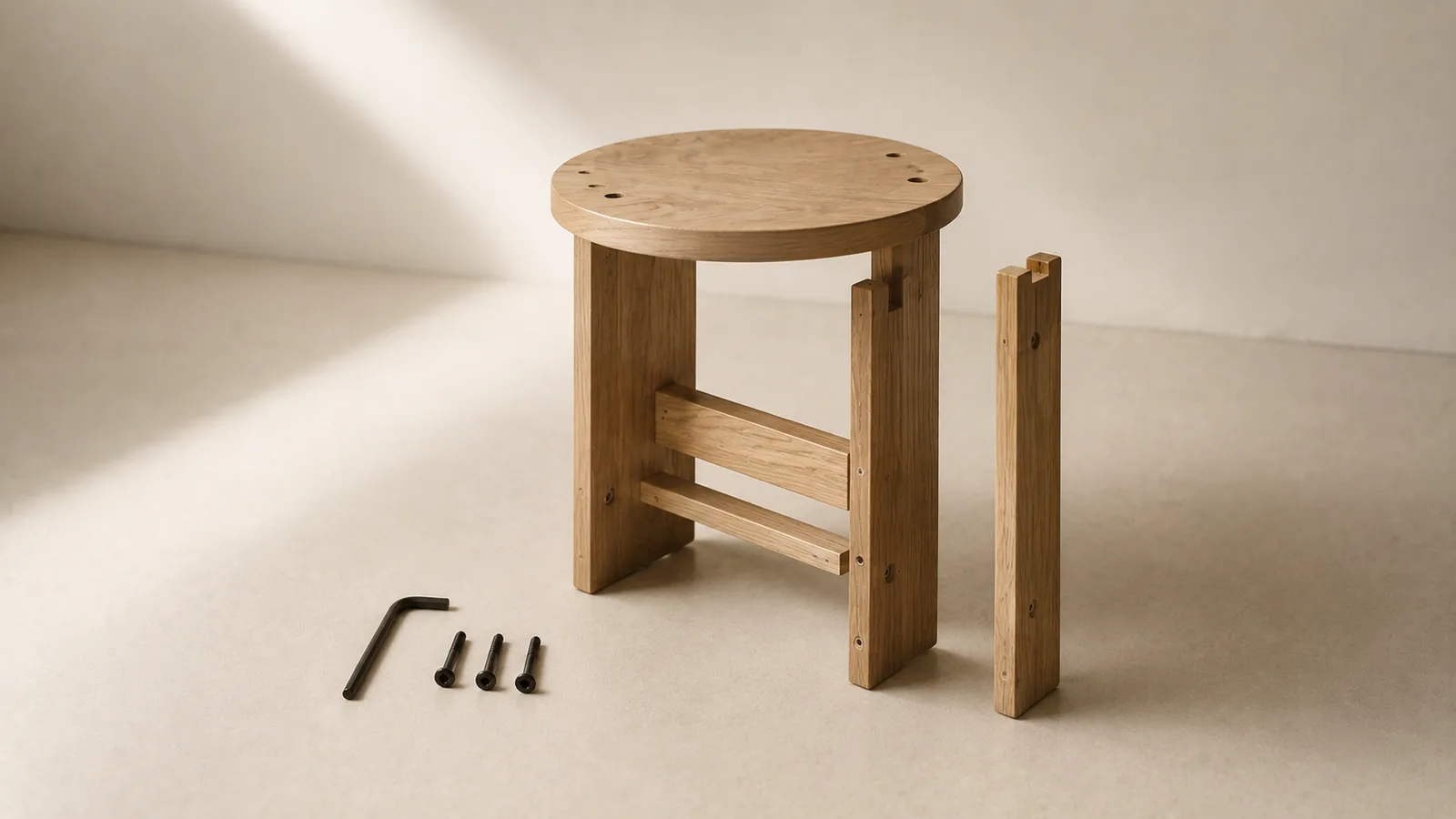 A half-assembled flat-pack stool with an allen key and spare screws.