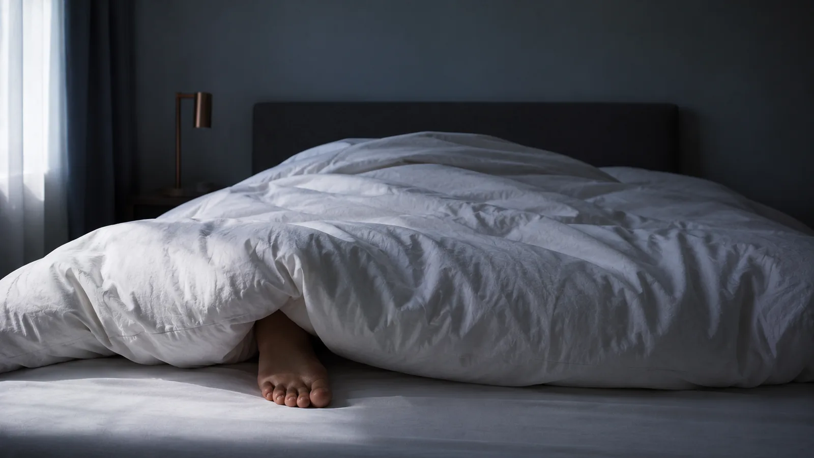 A single bare foot emerging from under the corner of a thick duvet.