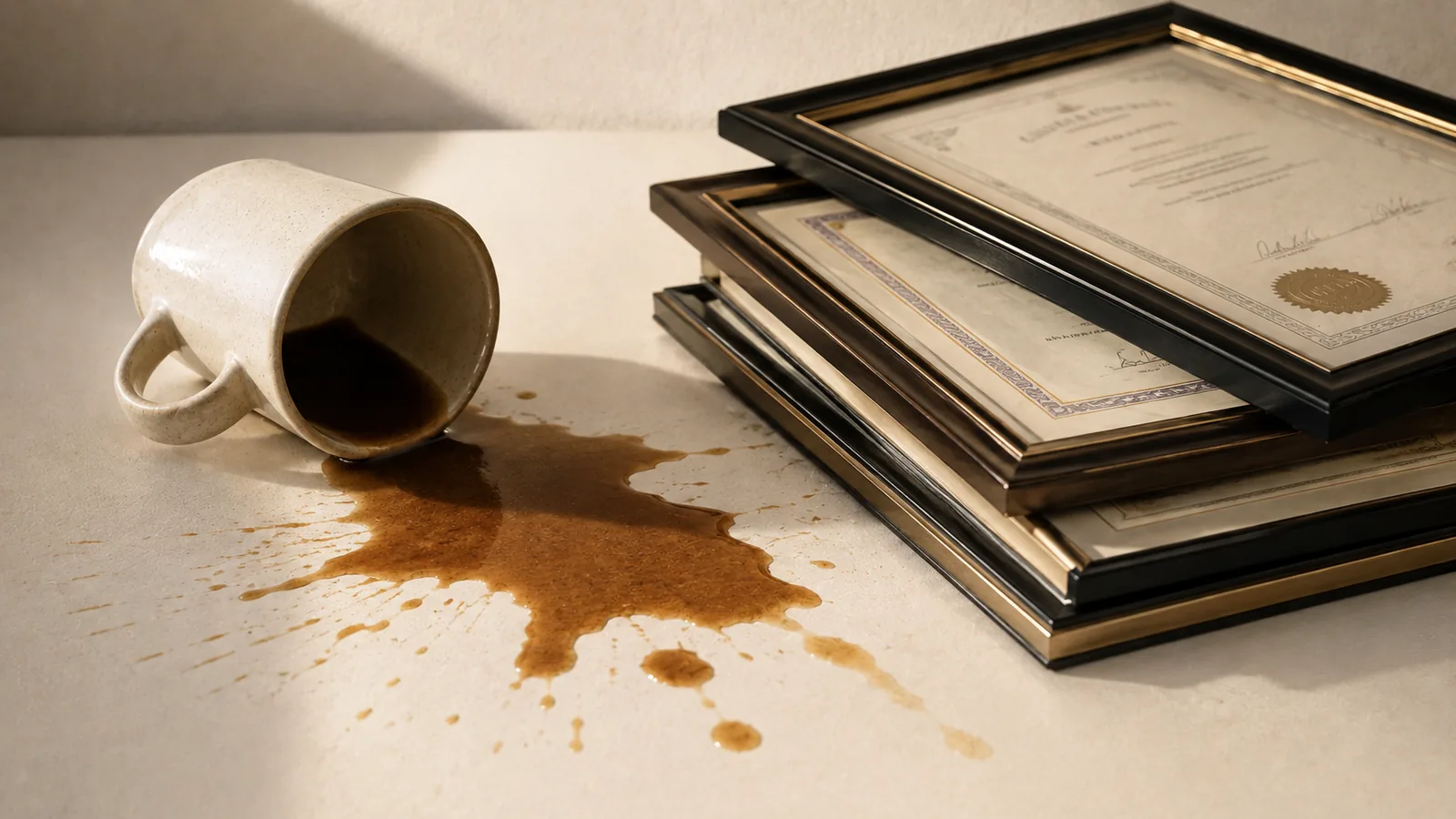 Spilled coffee spreading beside a stack of framed certificates.