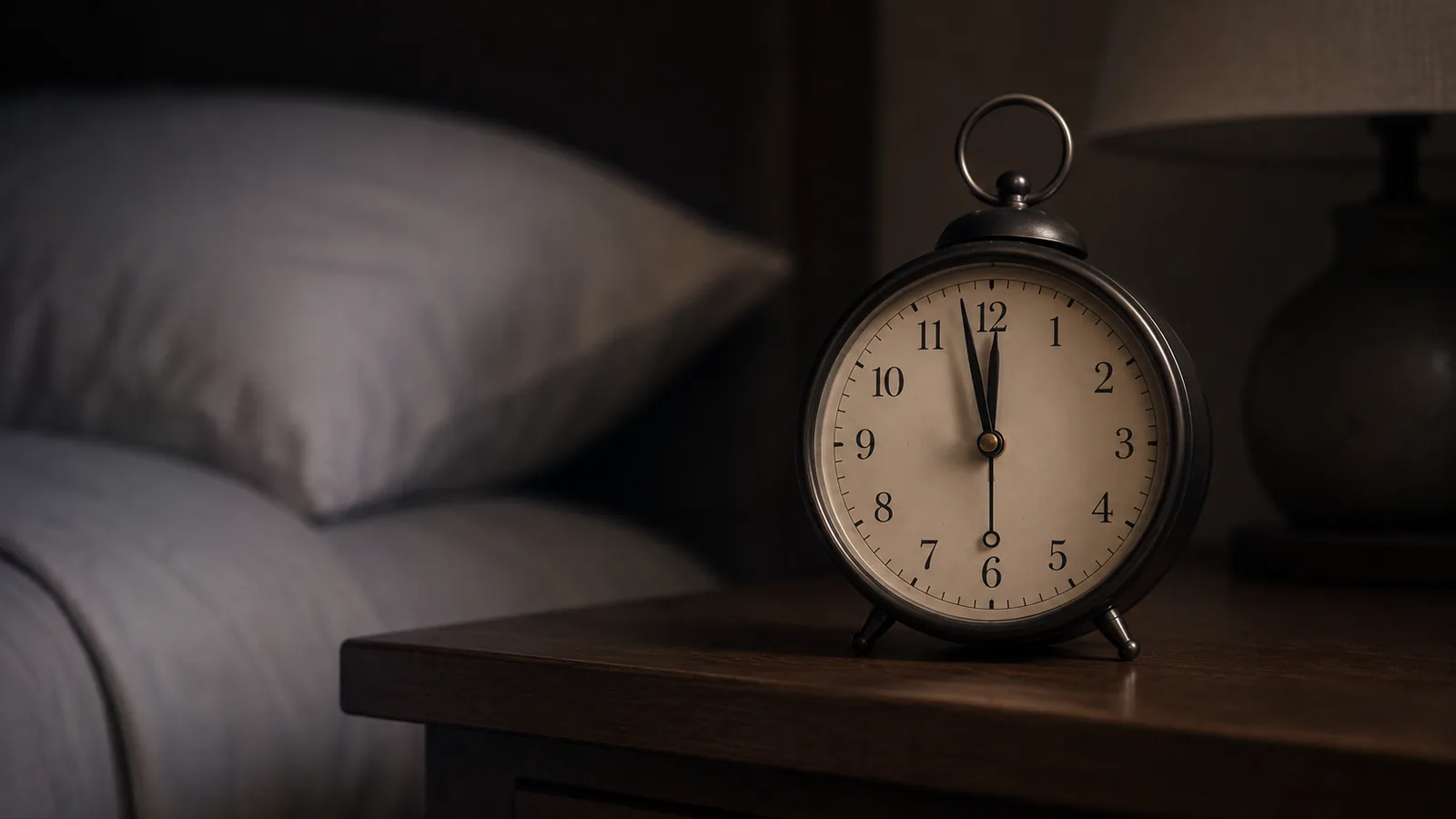 An analogue alarm clock showing one minute before its set alarm time.