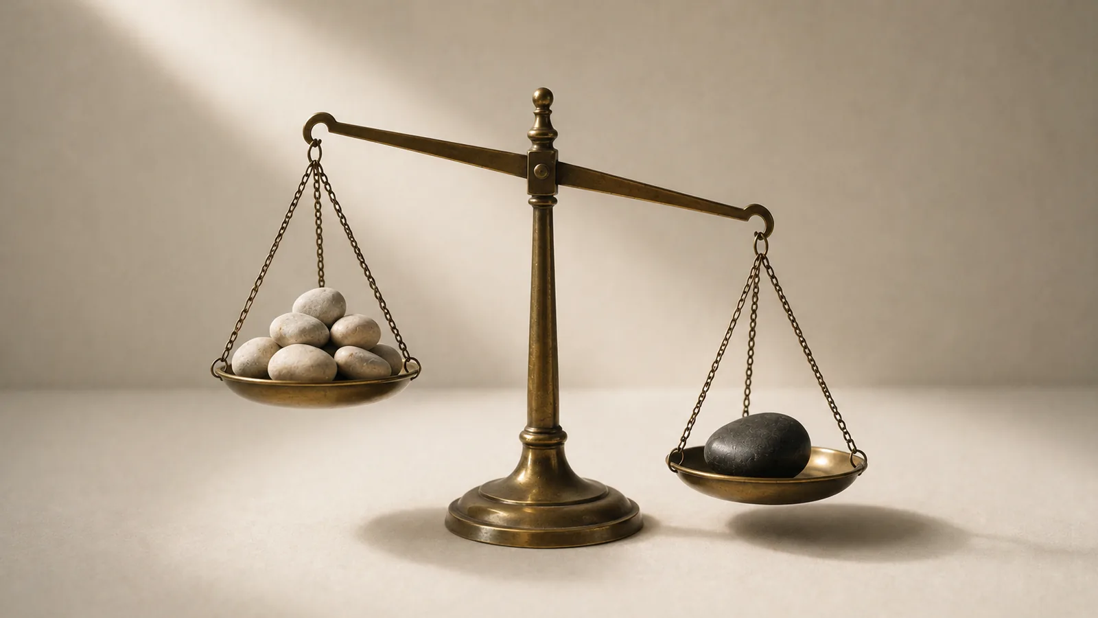 A balance scale where one dark stone outweighs nine pale pebbles.