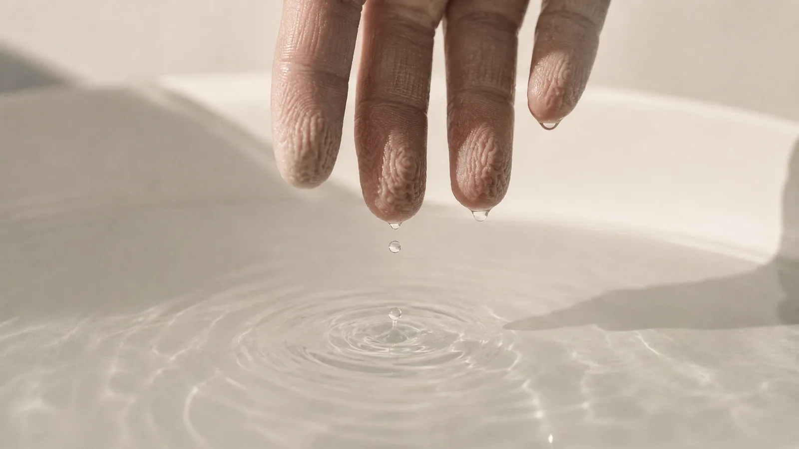 Wrinkled fingertips lifted just above the surface of clear water.