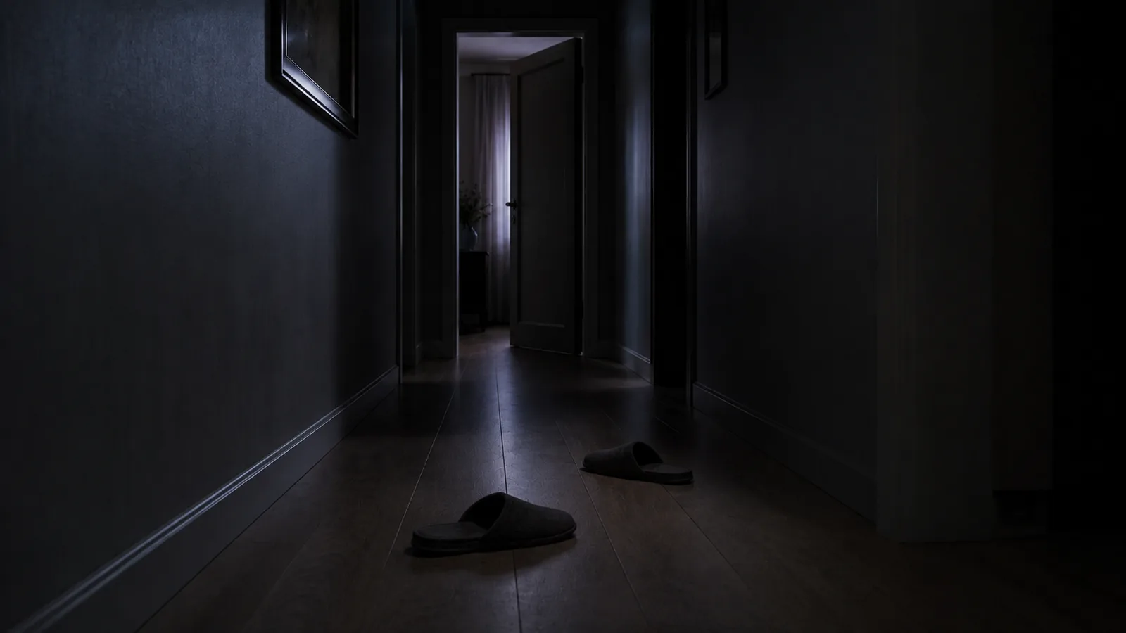 A dark hallway with an open door and slippers abandoned mid-stride.