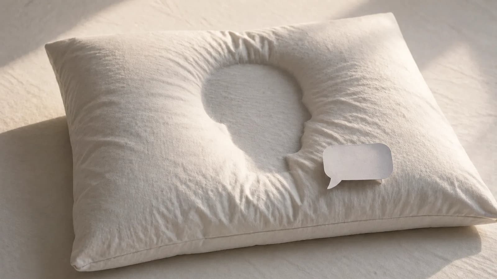 An empty indented pillow with a small blank paper speech bubble resting on it.