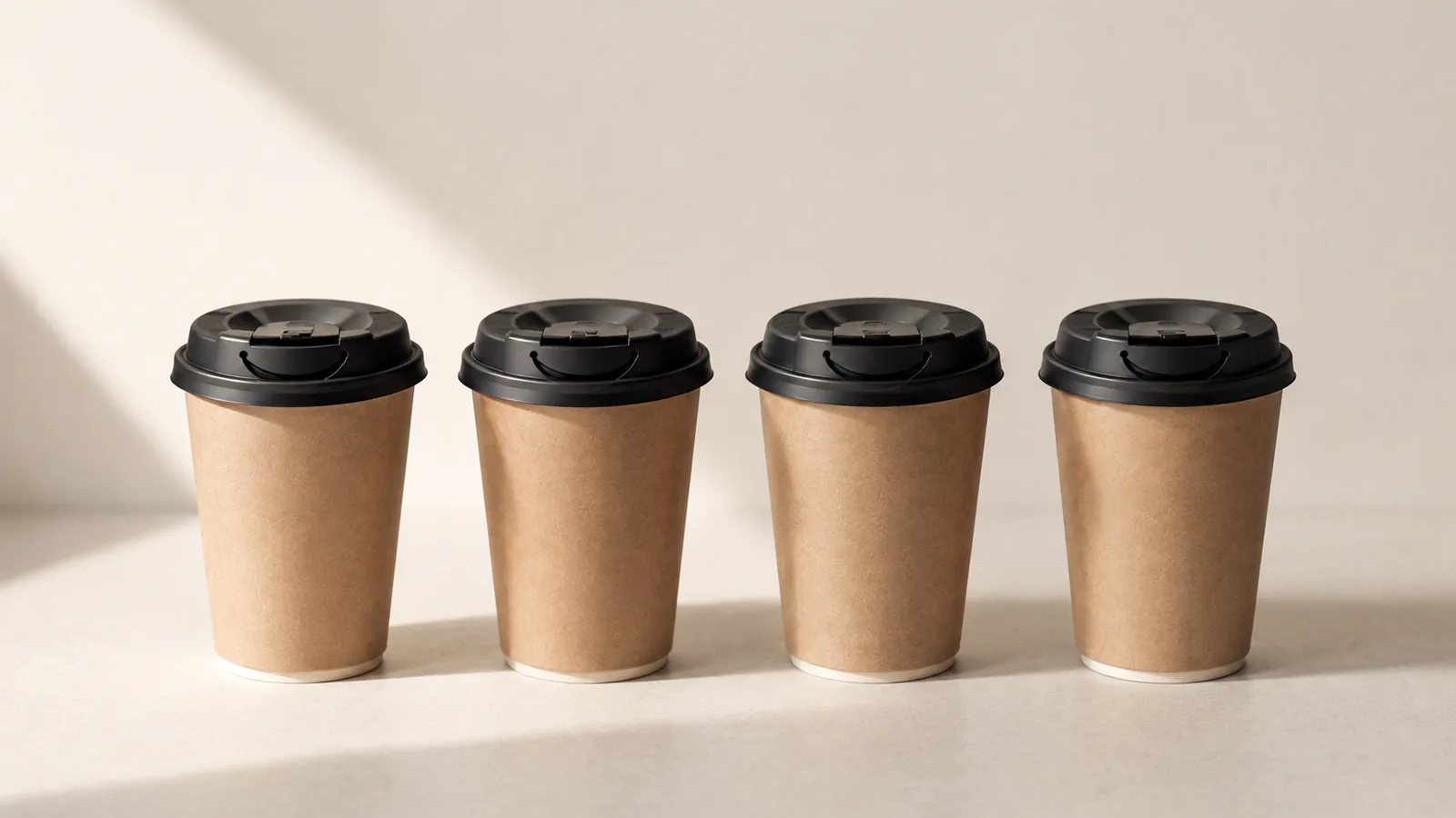 Four coffee cups in a row whose lid tabs resemble smiles.