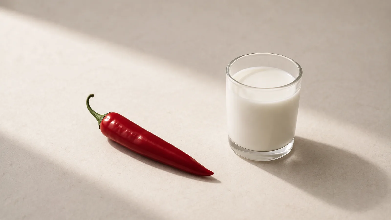 A red chilli beside a small glass of milk.