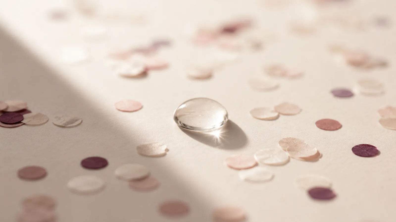 A single droplet on a pale surface scattered with confetti.
