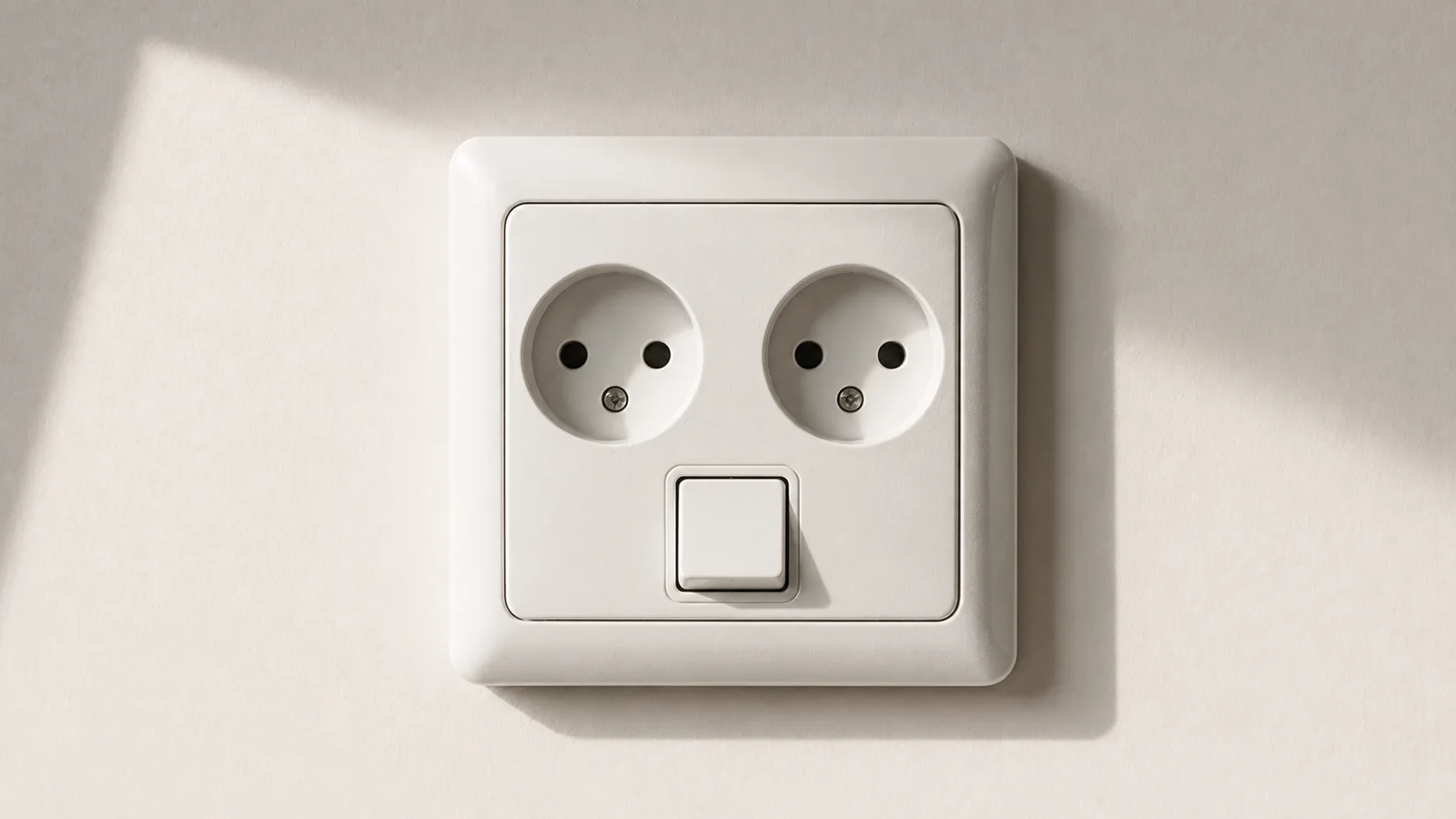A wall socket lit so its openings resemble a face.
