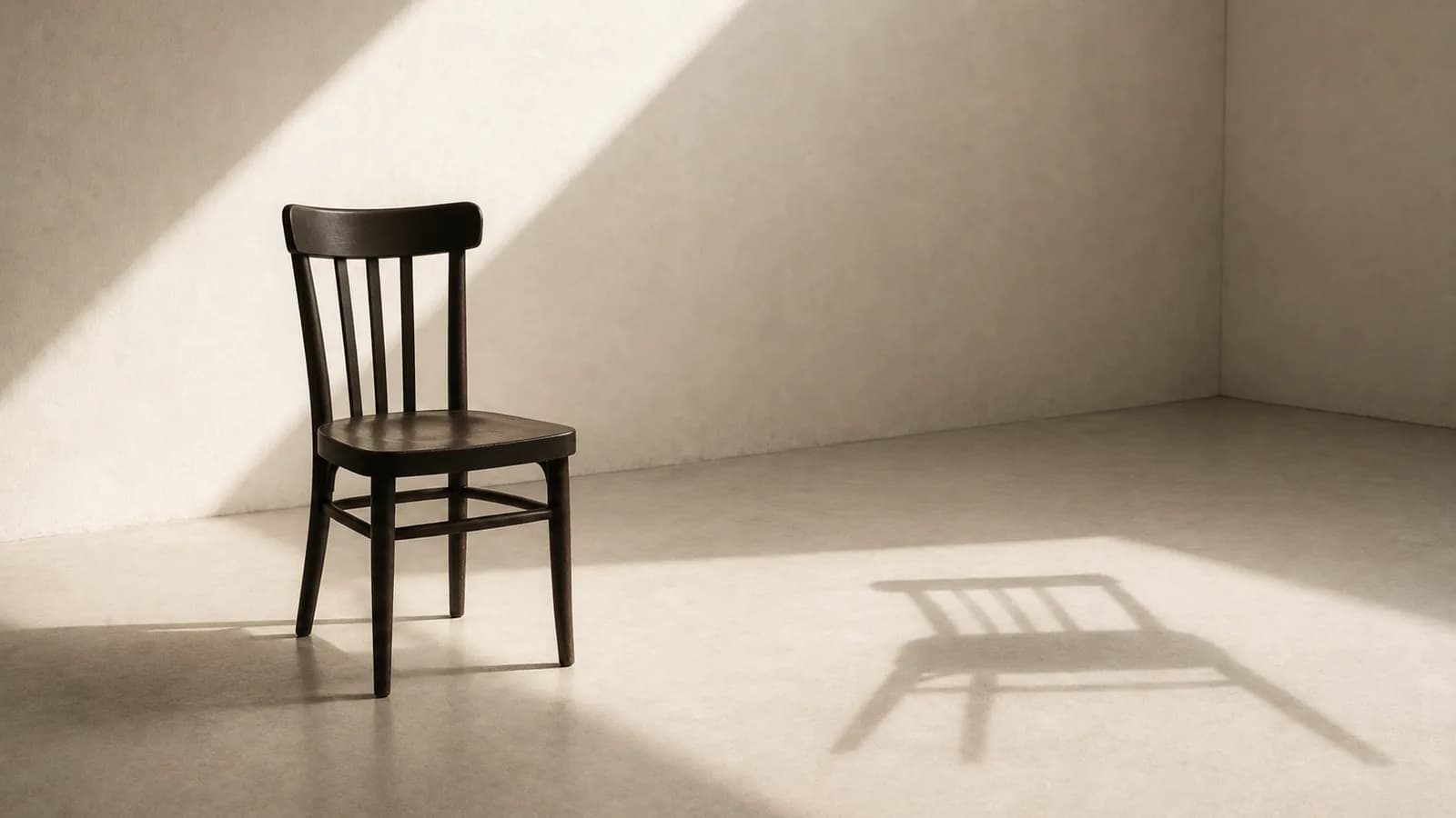 A single chair in an empty room with a second chair's shadow opposite.