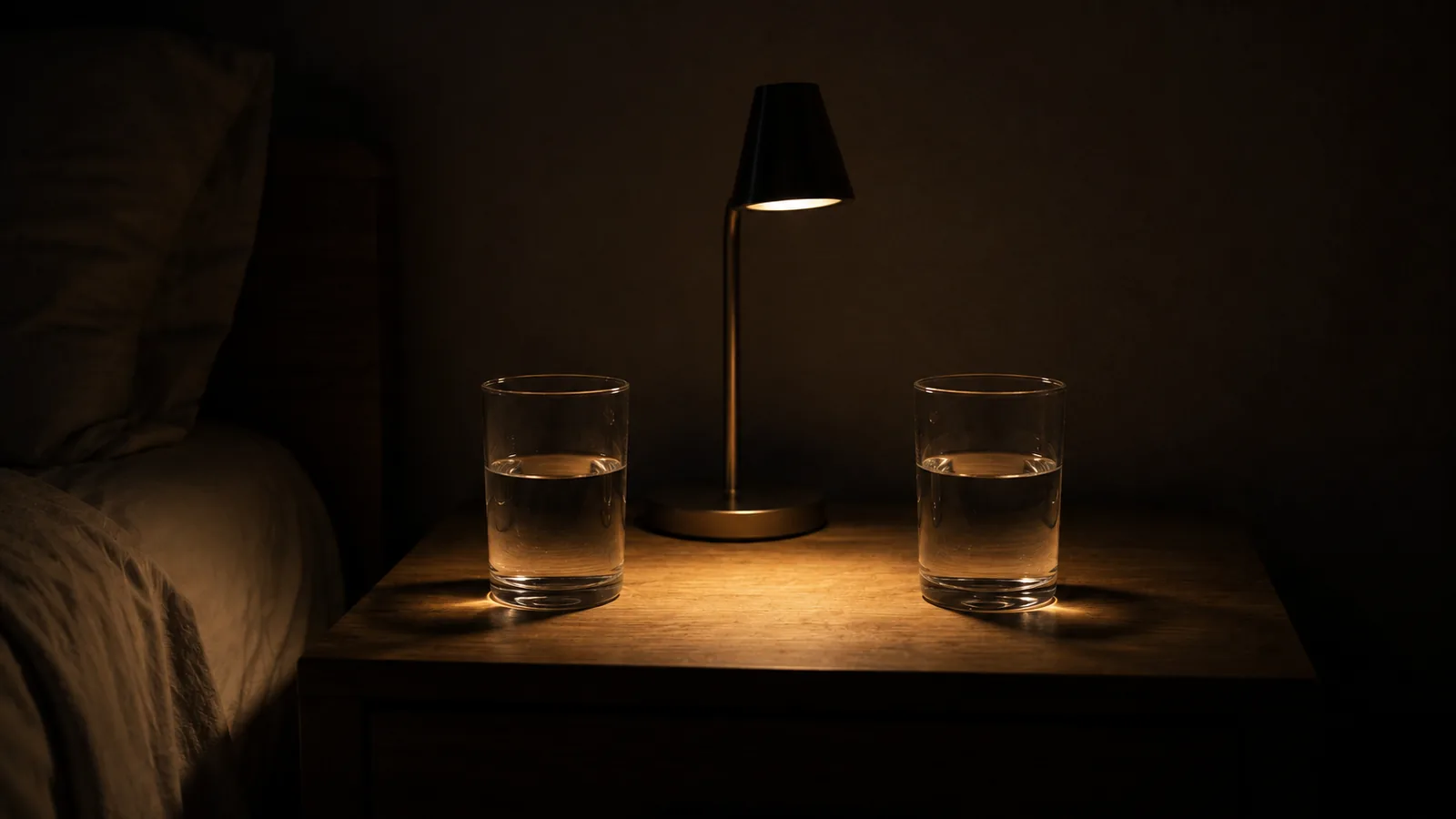 Two glasses of water on a bedside table lit by one small lamp.