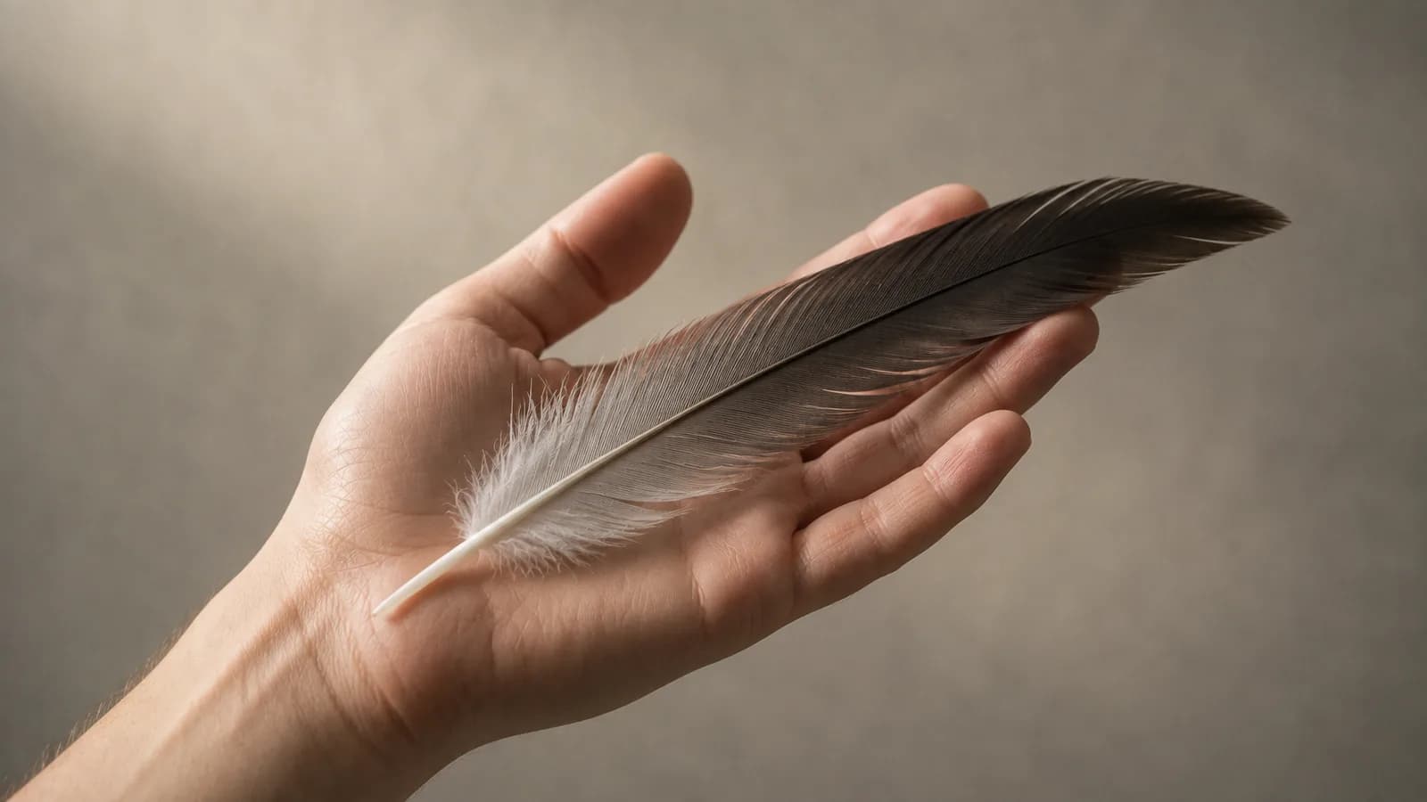 A feather resting across an open upturned palm.