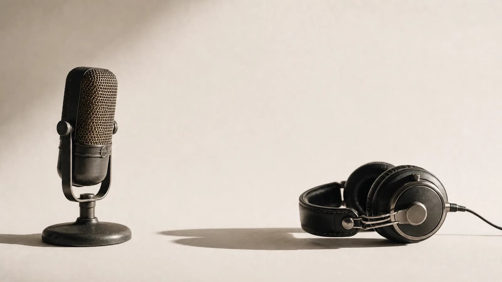 A vintage microphone and studio headphones facing each other.