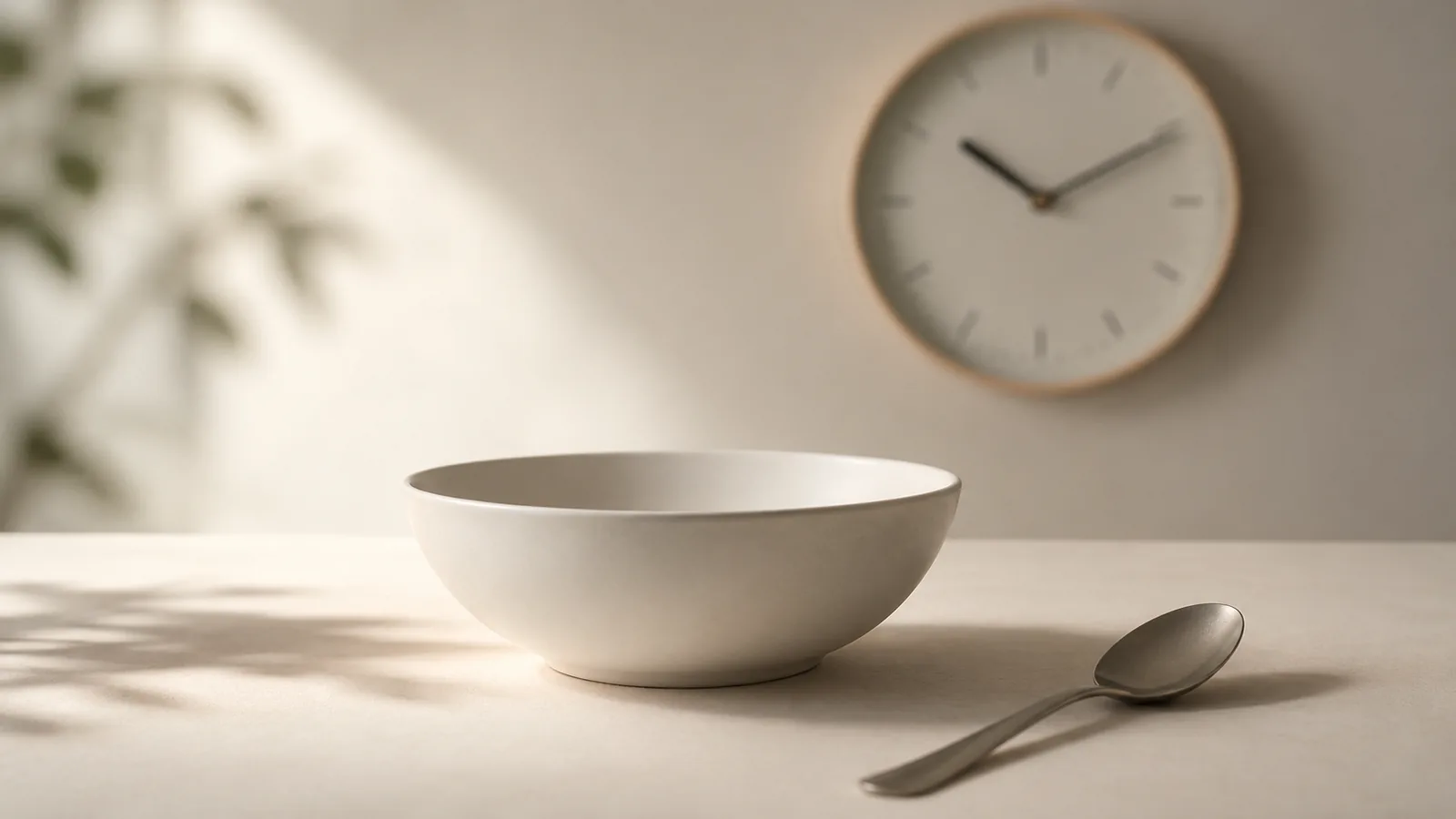 An empty bowl and spoon with a clock out of focus behind.