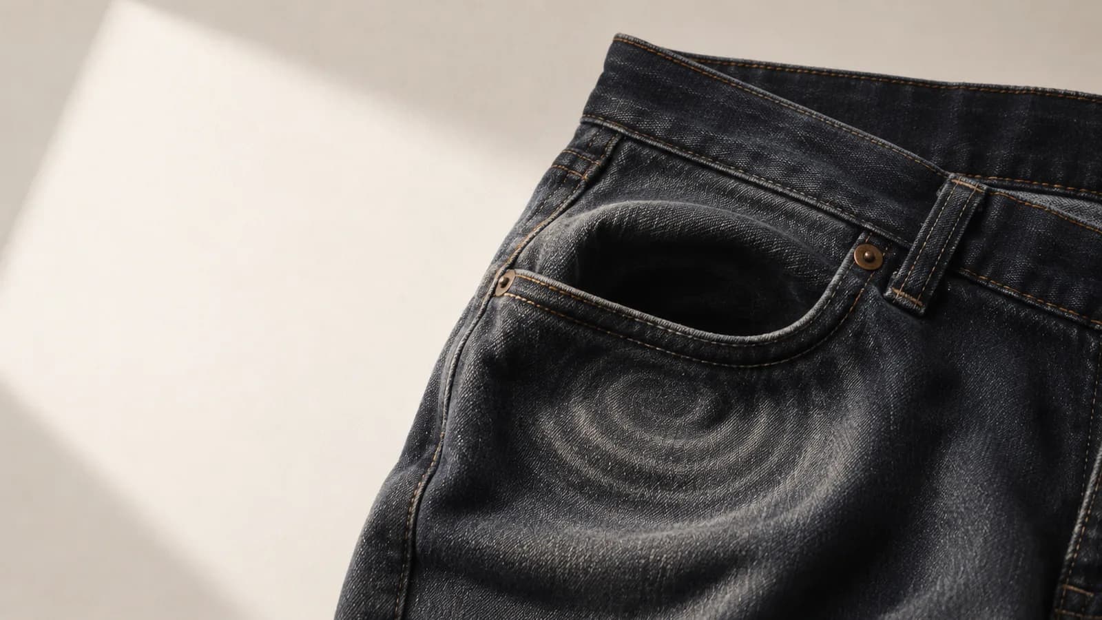 An empty jeans pocket with faint ripple rings in the fabric.