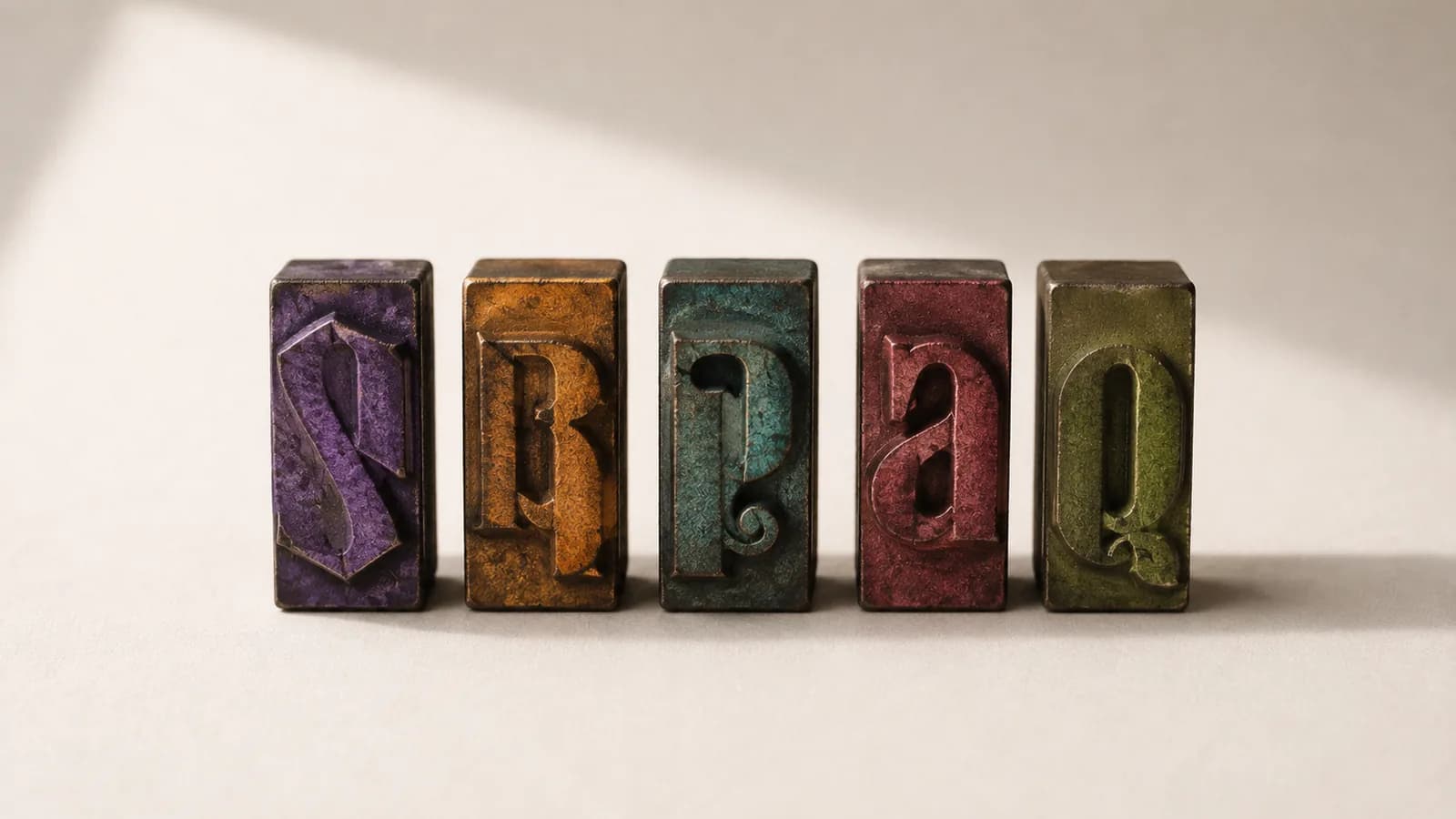Five letterpress type blocks in a row, each a different colour.