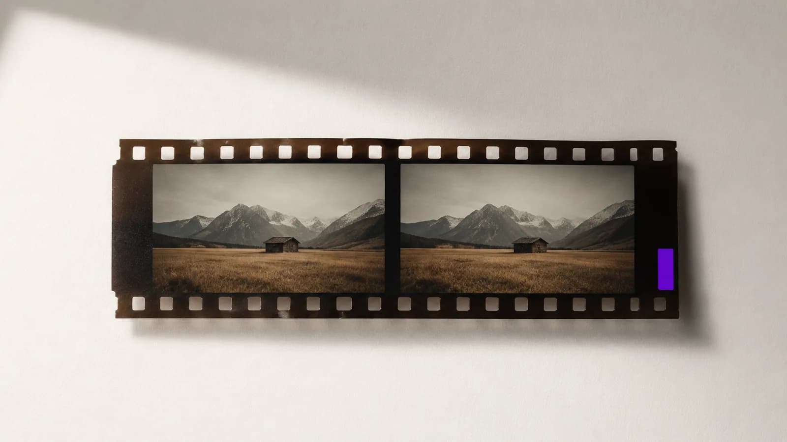 A strip of film with two identical adjacent frames, one slightly offset.